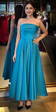 Turkuaz Straplez Yaka Kloş Etekli Saten Midi Abiye Elbise 7647