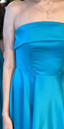 Turkuaz Straplez Yaka Kloş Etekli Saten Midi Abiye Elbise 7647