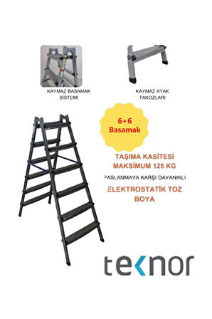  Çift Taraflı Dayanıklı 6+6 Metal Basamaklı Merdiven