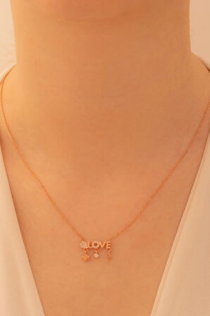 Kadın Gümüş Kolye - Sevgililer Günü - Hediye - Rose Kaplama Love Yazılı Kalp Motifli Kadın Kolye