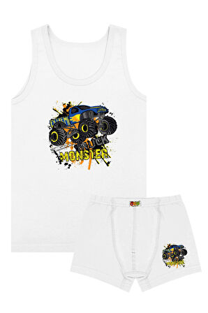 Öts Erkek Çocuk Atlet Boxer Likralı Beyaz Traktör (%96 Pamuk - %4 Elastan)