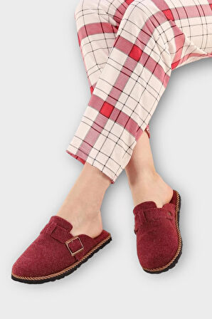 Tokalı Keçe Kumaşlı Ev Terliği BORDO