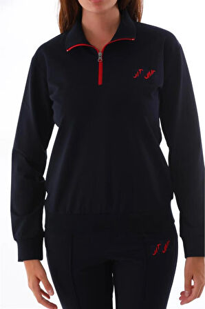 Kadın Lacivert Iki Iplik Fermuar Yakalı Sweatshirt Uzun Kol Lastikli Paça Eşofman Takım - 7648