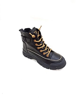 GUJA SİYAH DERİ KADIN SNEAKER BOT AYAKKABI