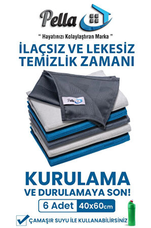 Pella Active 6'lı Mikrofiber Temizlik Bezi, Cam, Araba, Mutfak, Fiber Temizleme Bezi (40 X 60 Cm)