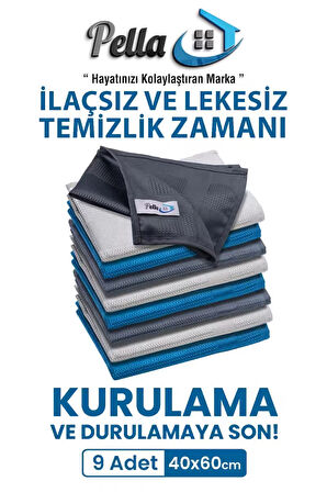 Pella Active 9'lu Mikrofiber Temizlik Bezi, Cam, Araba, Mutfak, Fiber Temizleme Bezi (40 X 60 Cm)
