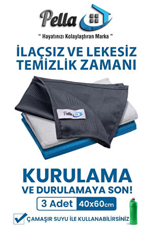  Pella Active 3'lü Mikrofiber Temizlik Bezi, Cam, Araba, Mutfak, Fiber Temizleme Bezi (30 X 40 Cm)