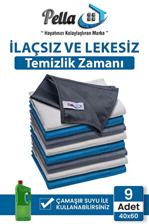 9'Lu Mikrofiber Temizlik Bezi, Cam, Araba Silme Bezi, Mutfak, Fiber Temizleme Bezi, 40x60 Cm