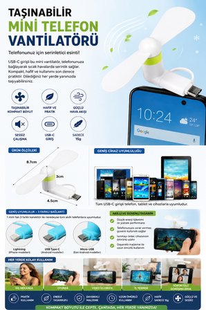 2'si 1 Arada Mini Telefon Vantilatörü Lightning Type-C ve Micro USB Uyumlu Taşınabilir Telefon Fanı