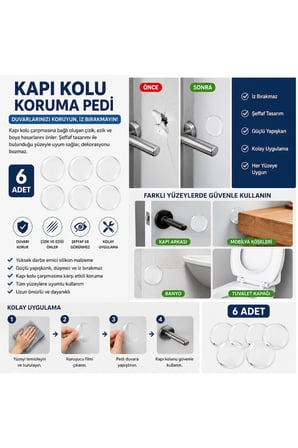 6 Adet Şeffaf Silikon Kapı Kolu Duvar Koruma Pedi Çarpma Önleyici Yapışkanlı Koruyucu Tampon