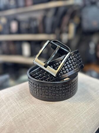 TRG POLO 4 CM SİYAH DESENLİ HAKİKİ DERİ ERKEK KEMERİ