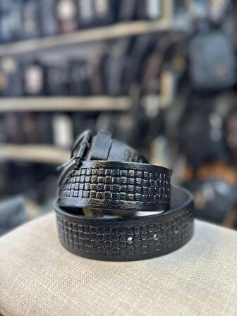 TRG POLO 4 CM SİYAH DESENLİ HAKİKİ DERİ ERKEK KEMERİ