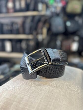 TRG POLO 4 CM SİYAH DESENLİ HAKİKİ DERİ ERKEK KEMERİ
