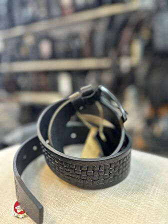 TRG POLO 4 CM SİYAH DESENLİ HAKİKİ DERİ ERKEK KEMERİ