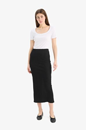Yüksek Bel Fitilli Kaşkorse Basic Düz Maxi Siyah Kalem Etek