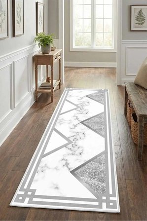 Klasik Silver Yıkanabilir Yolluk Halı Kaymaz Taban Salon Mutfak Açık Gri