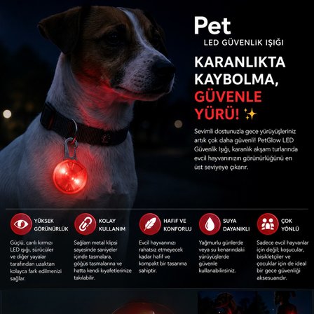 BakGelAl Klipsli LED Evcil Hayvan Güvenlik Işığı – Köpek ve Kedi Tasma Görünürlük Lambası