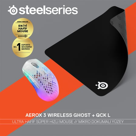 SteelSeries Aerox 3 Wireless Ghost Edition Gaming Mouse + QcK Large Mouse Pad