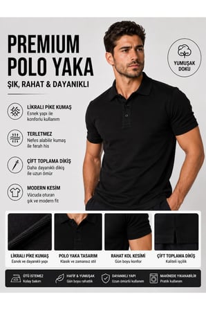 Luxic Core Erkek Polo Yaka Siyah Tişört Slim Fit Pike Kumaş