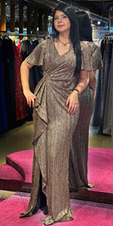 Kahverengi Kısa Kollu Yırtmaçlı Düz Kesim Simli Uzun Abiye Elbise 7653