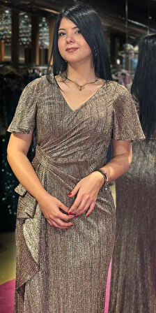 Kahverengi Kısa Kollu Yırtmaçlı Düz Kesim Simli Uzun Abiye Elbise 7653