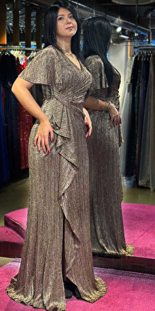 Kahverengi Kısa Kollu Yırtmaçlı Düz Kesim Simli Uzun Abiye Elbise 7653