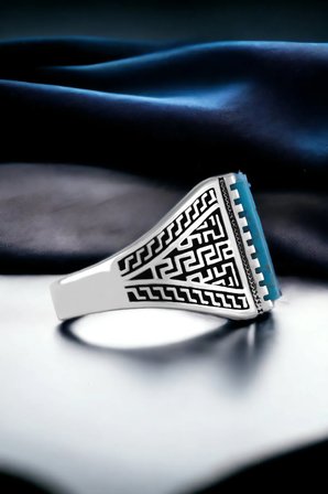 Erkek Gümüş Yüzük - 925 Ayar Grek Desenli Firuze Mavi Taşlı Gümüş Yüzük