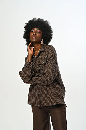 KADIN KARE DESENLİ SİMLİ ÇİFT CEPLİ GÖMLEK