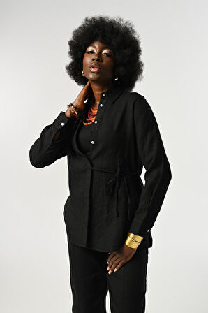 KADIN %100 KETEN ÖNÜ BAĞLAMA DETAYLI GÖMLEK