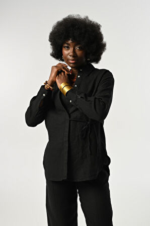 KADIN %100 KETEN ÖNÜ BAĞLAMA DETAYLI GÖMLEK