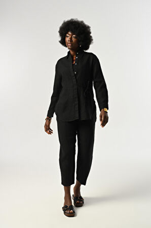 KADIN %100 KETEN ÖNÜ BAĞLAMA DETAYLI GÖMLEK