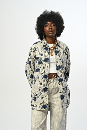 KADIN KARIŞIK DESENLİ CEPLİ OVERSİZE KESİM GÖMLEK