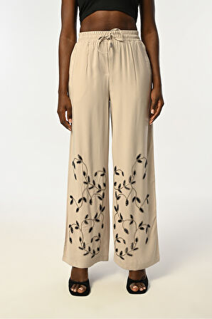 KADIN BELİ LASTİKLİ BOL PAÇA YAPRAK TAŞ İŞLEMELİ PANTOLON