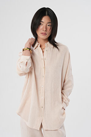 KADIN %100 KETEN YARASA KOL DÜZ OVERSİZE GÖMLEK