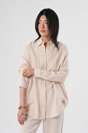 KADIN %100 KETEN YARASA KOL DÜZ OVERSİZE GÖMLEK