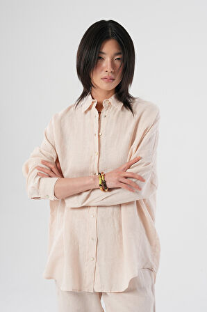 KADIN %100 KETEN YARASA KOL DÜZ OVERSİZE GÖMLEK