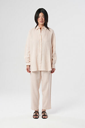 KADIN %100 KETEN YARASA KOL DÜZ OVERSİZE GÖMLEK