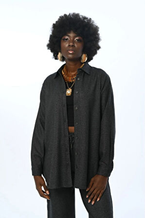 KADIN DÜZ RENK SİMLİ OVERSİZE KESİM GÖMLEK