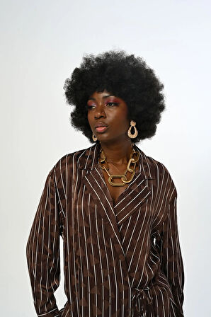 KADIN KAHVERENGİ ÇİZGİLİ ÖNDEN BAĞLAMALI DESENLİ GÖMLEK