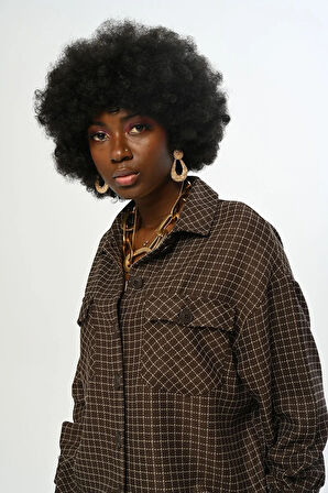 KADIN KARE DESENLİ SİMLİ ÇİFT CEPLİ GÖMLEK