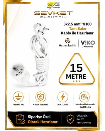 Viko Topraklı Uzatma Seyyar Kablosu Tekli Priz 15 Metre 3x2,5 Mm Seyyar Uzatma Kablosu