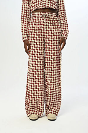 KADIN BELİ LASTİKLİ BOL PAÇA KAZAYAĞI DESENLİ PANTOLON