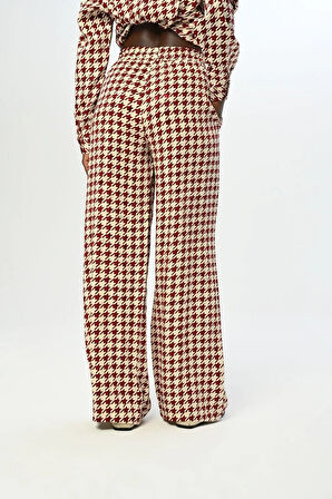 KADIN BELİ LASTİKLİ BOL PAÇA KAZAYAĞI DESENLİ PANTOLON