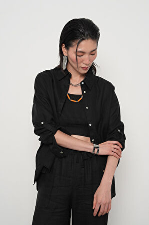 KADIN %100 KETEN KOLLARI DÜĞME DETAYLI GÖMLEK