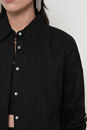 KADIN %100 KETEN KOLLARI DÜĞME DETAYLI GÖMLEK