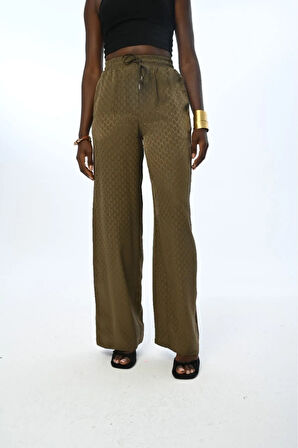 KADIN BELİ LASTİKLİ BOL PAÇA HAKİ RENK DESENLİ PANTOLON