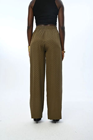 KADIN BELİ LASTİKLİ BOL PAÇA HAKİ RENK DESENLİ PANTOLON