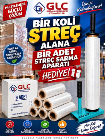 6 Adet (1 Koli) 17 Mikron 300 mt Palet Streç Film Alımına 1 Adet Streç Sarma Aparatı Hediye