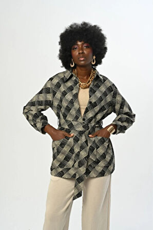 KADIN ÇİFT CEPLİ KUŞAKLI DESENLİ GÖMLEK