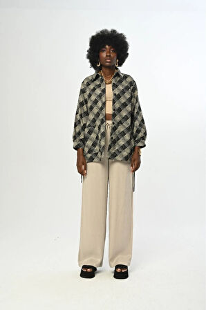 KADIN ÇİFT CEPLİ KUŞAKLI DESENLİ GÖMLEK